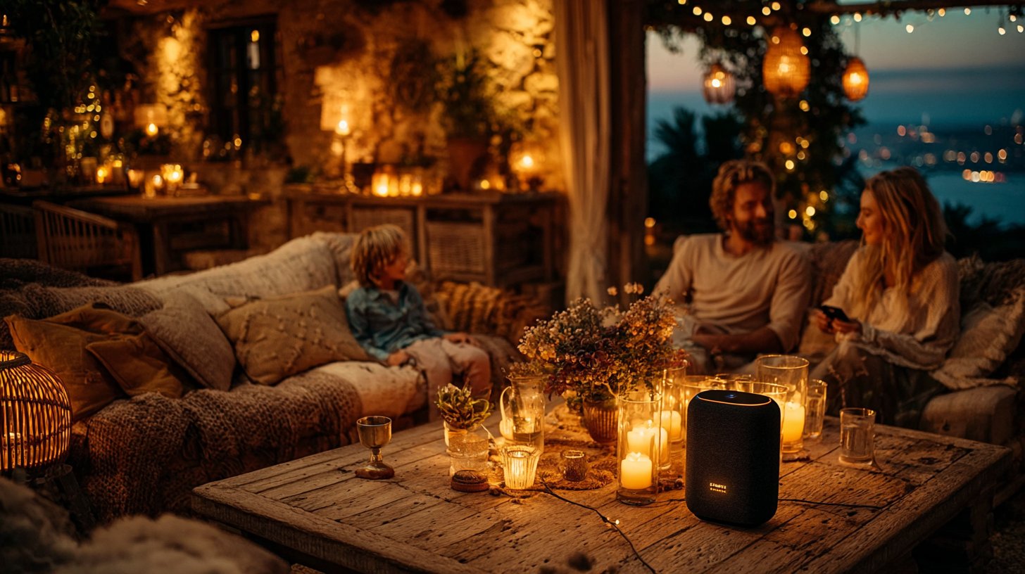 Una famiglia gode della propria casa intelligente in sicurezza con misure di sicurezza visibili.