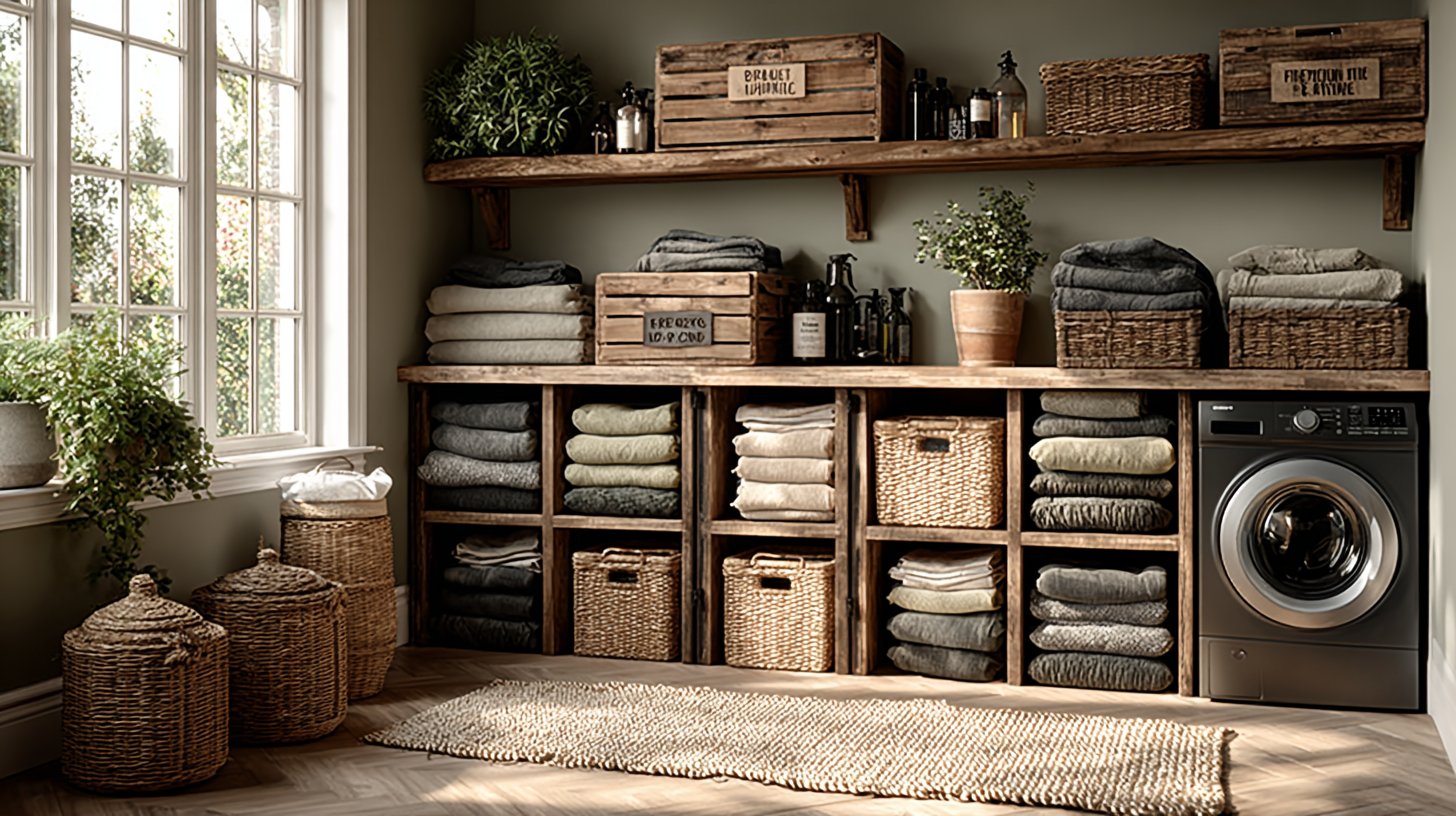 Praktische Lagerlösungen in einem hellen, luftigen Waschraum.