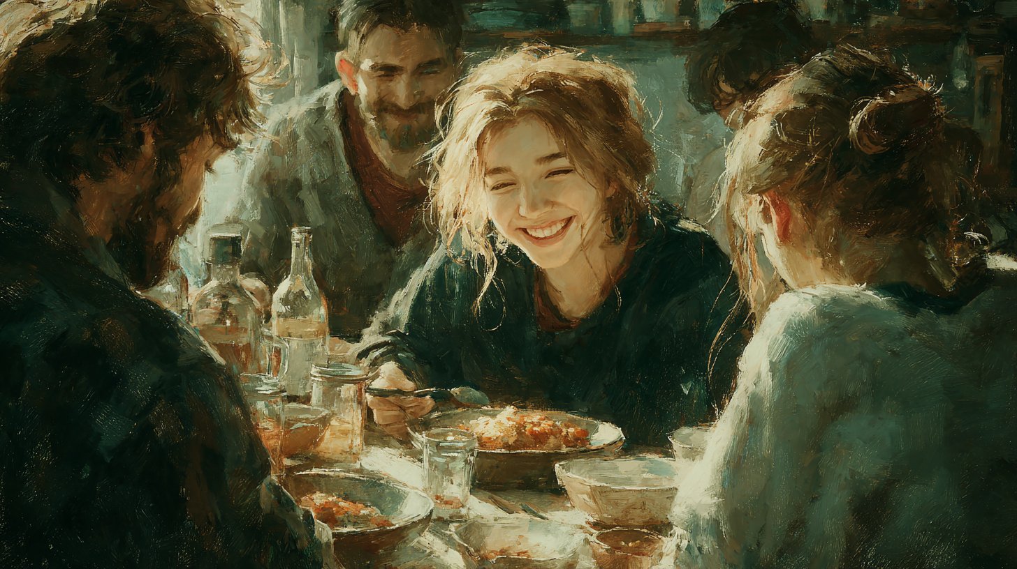 Ethischer Konsum und Gemeinschaft bei einem gemeinsamen Essen.