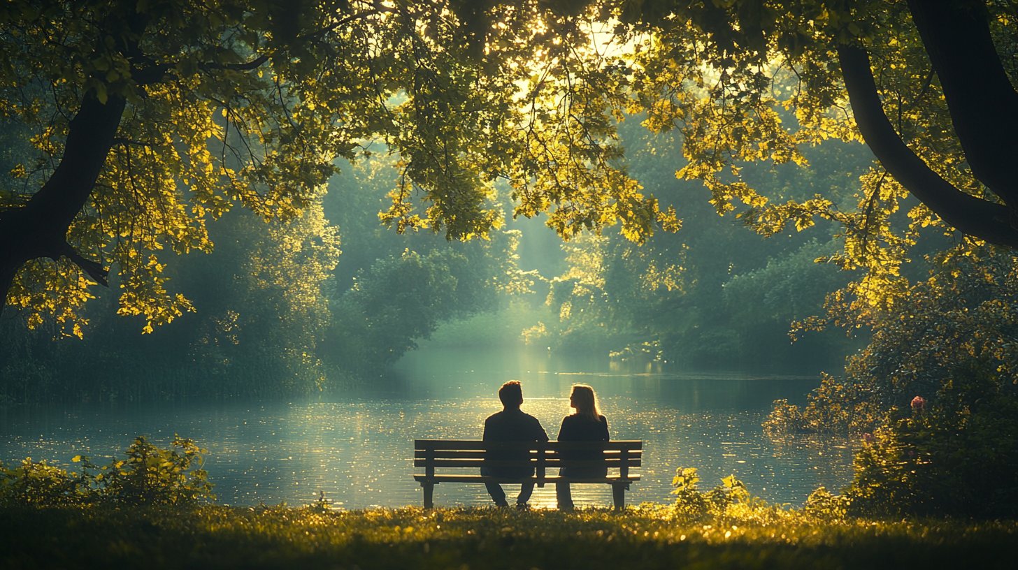 Ein Paar bespricht im Park offen seine Gefühle, umgeben von der Natur.