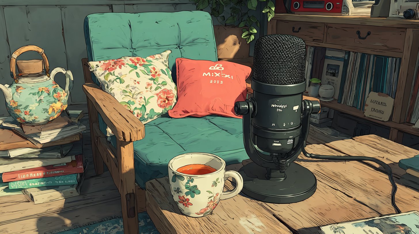 Gemütliche Podcast-Ecke im Sonnenlicht.