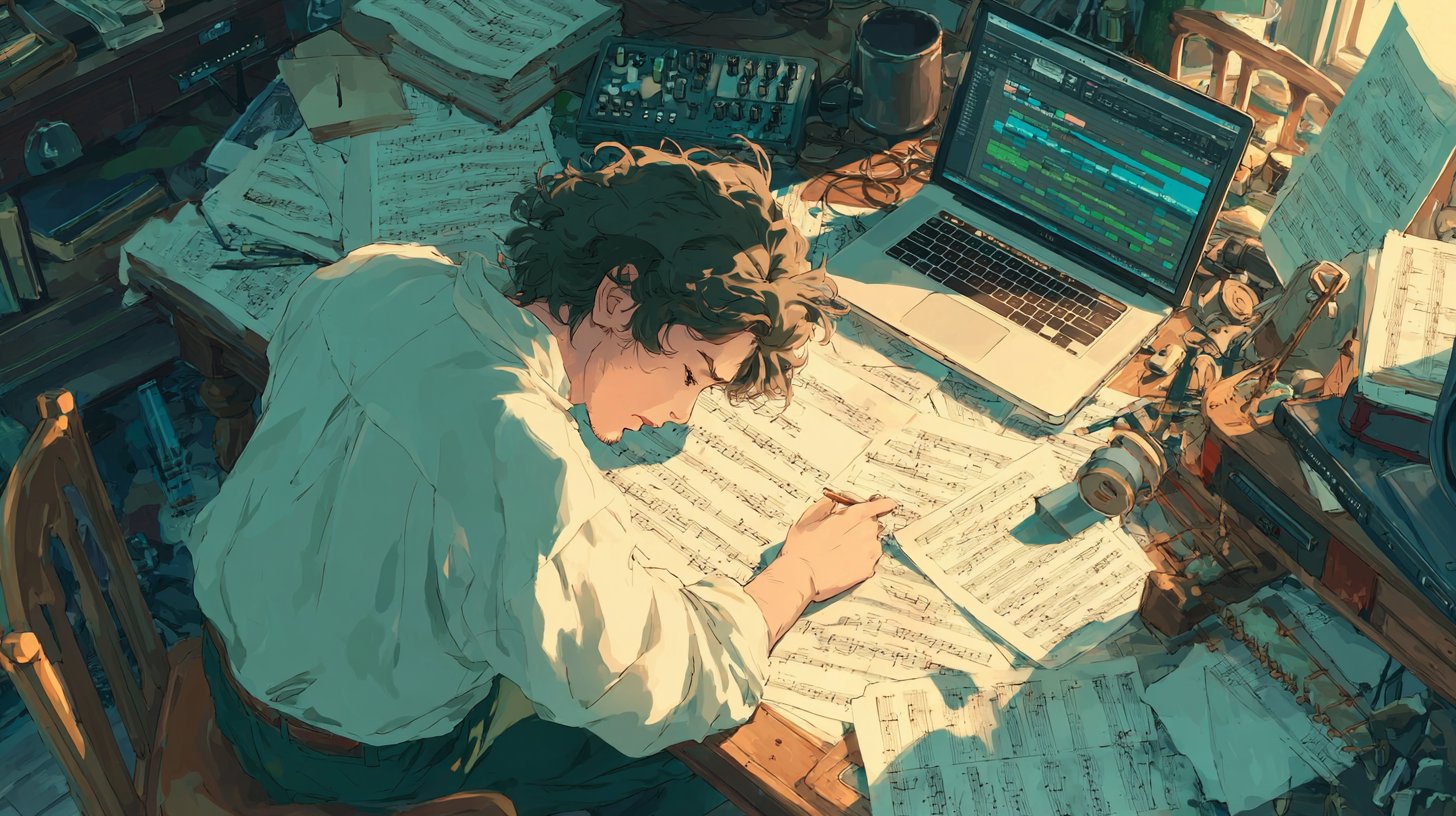 Ein Komponist vertieft in seine Arbeit mit Noten und einem Laptop.