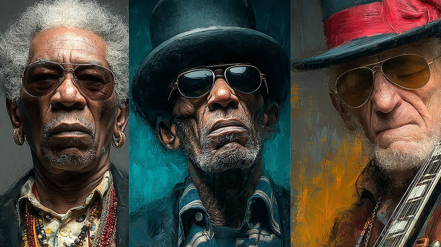 Porträts von Musikern, die ihre Leidenschaft in verschiedenen Umgebungen zeigen.