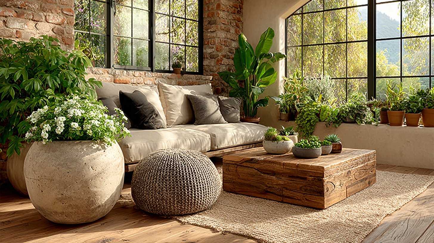 Detailaufnahme eines stilvollen Wohnbereichs mit verschiedenen Zimmerpflanzen, die den Raum bereichern.