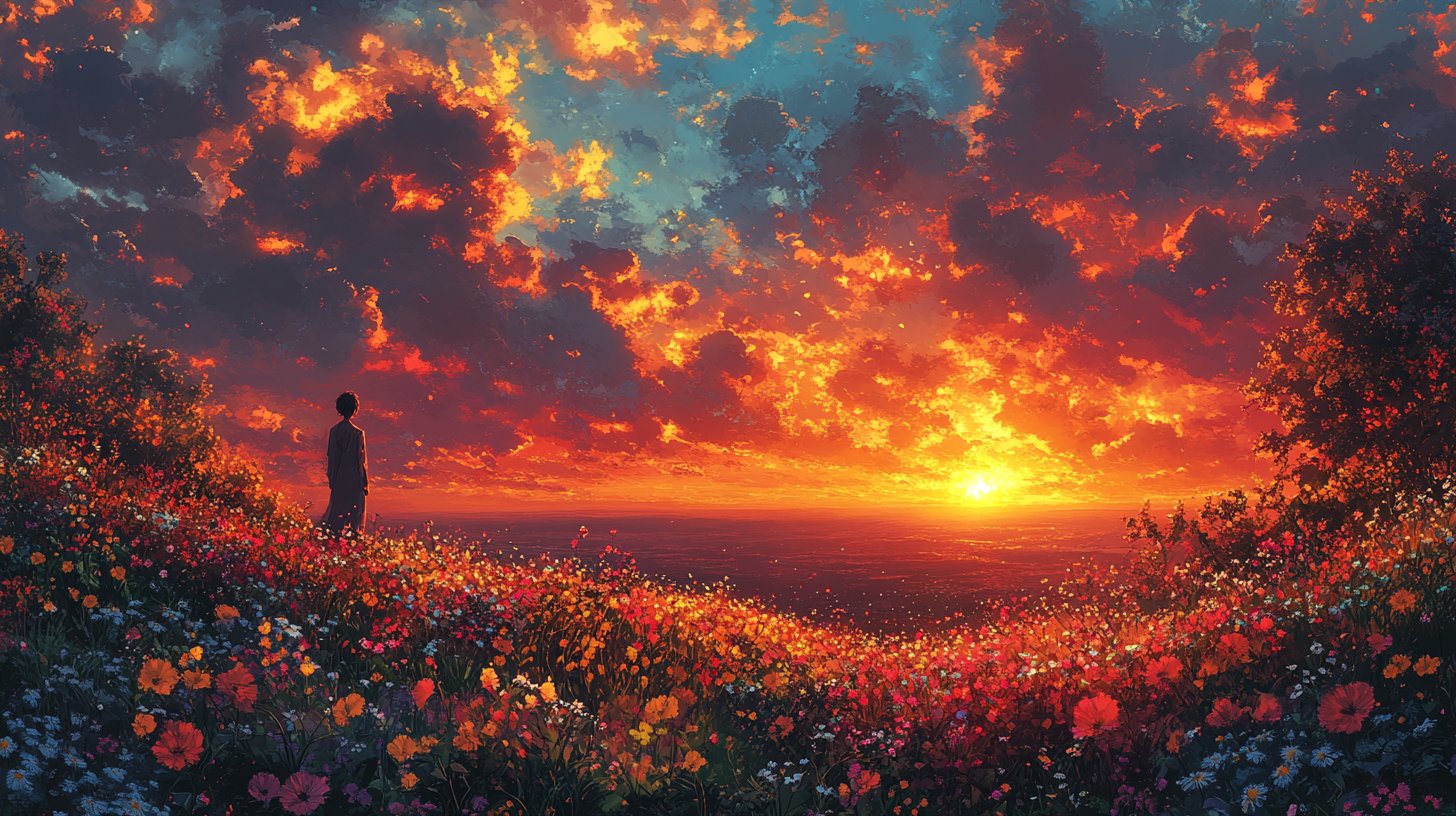 Ein lebhafter Sonnenuntergang über einem blühenden Garten, während eine einsame Figur in die Ferne blickt.