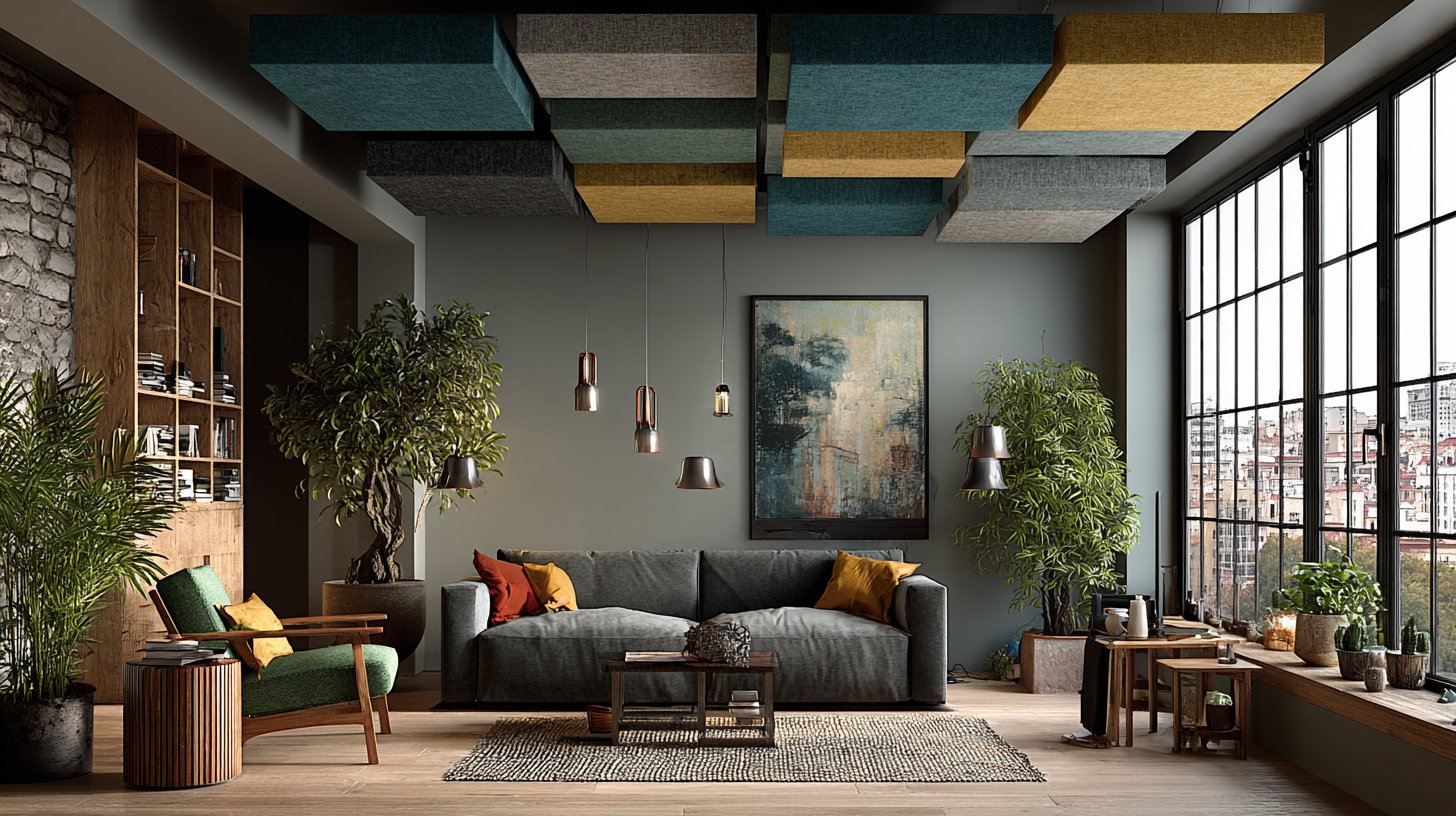 Nahaufnahme von Akustikpaneelen in einem modernen Wohnzimmer.