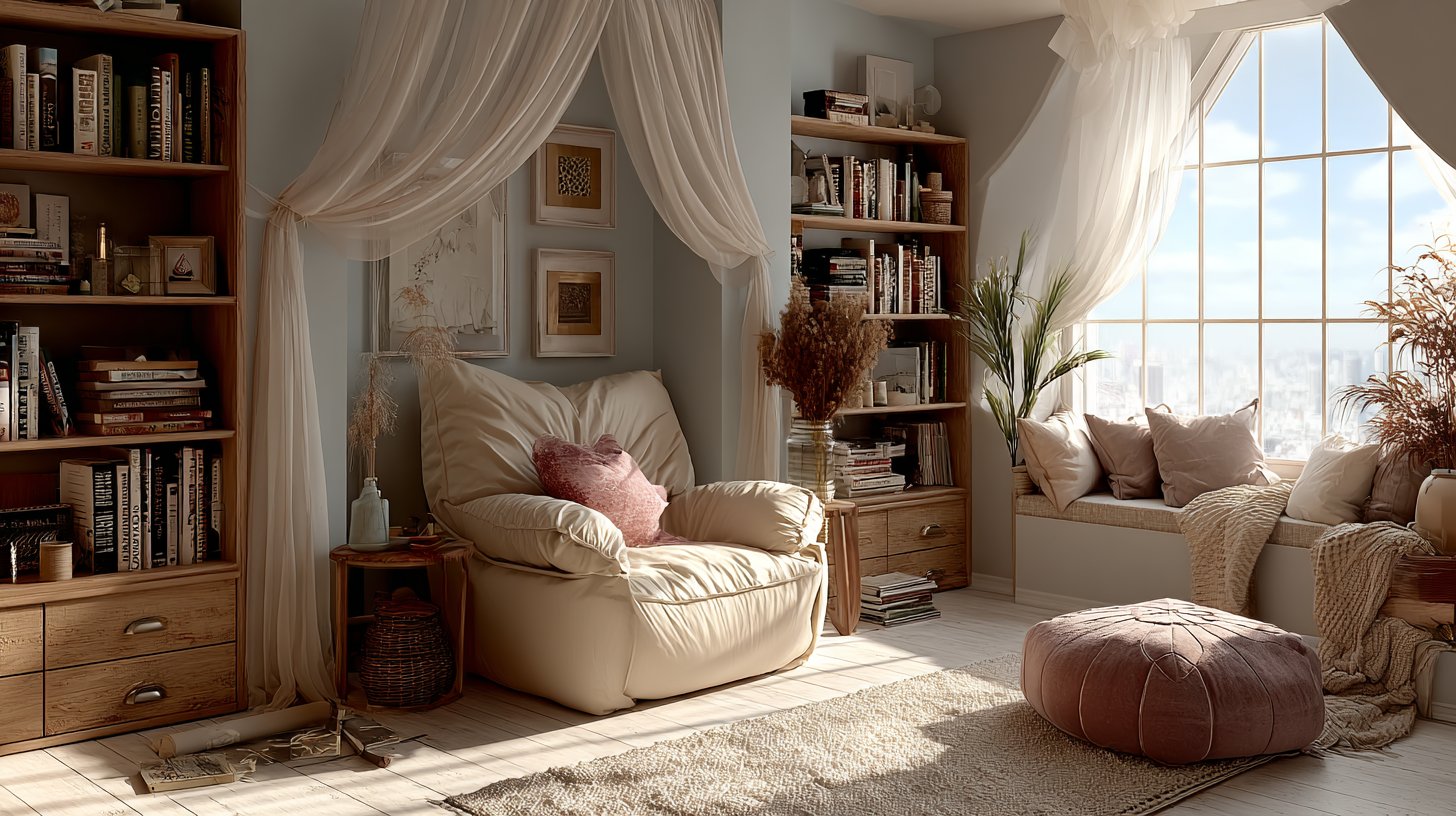 Einladende Leseecke mit Schallschutzpaneelen.