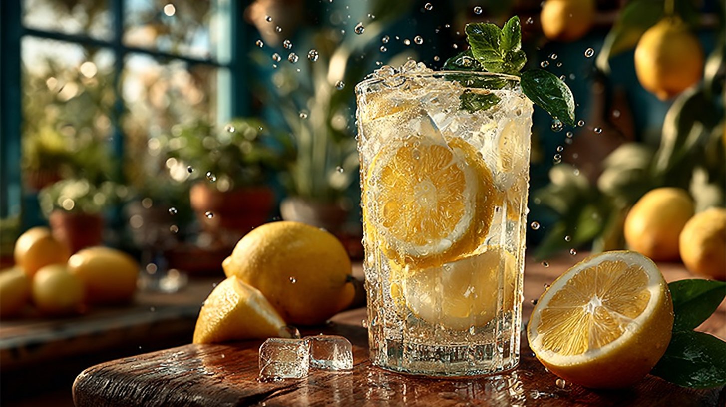 Erfrischender Zitronensaft auf Holz.