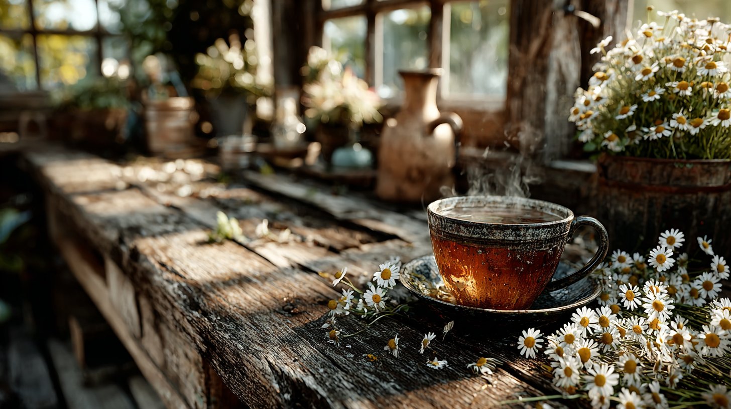 Beruhigender Kamillentee mit Blüten.