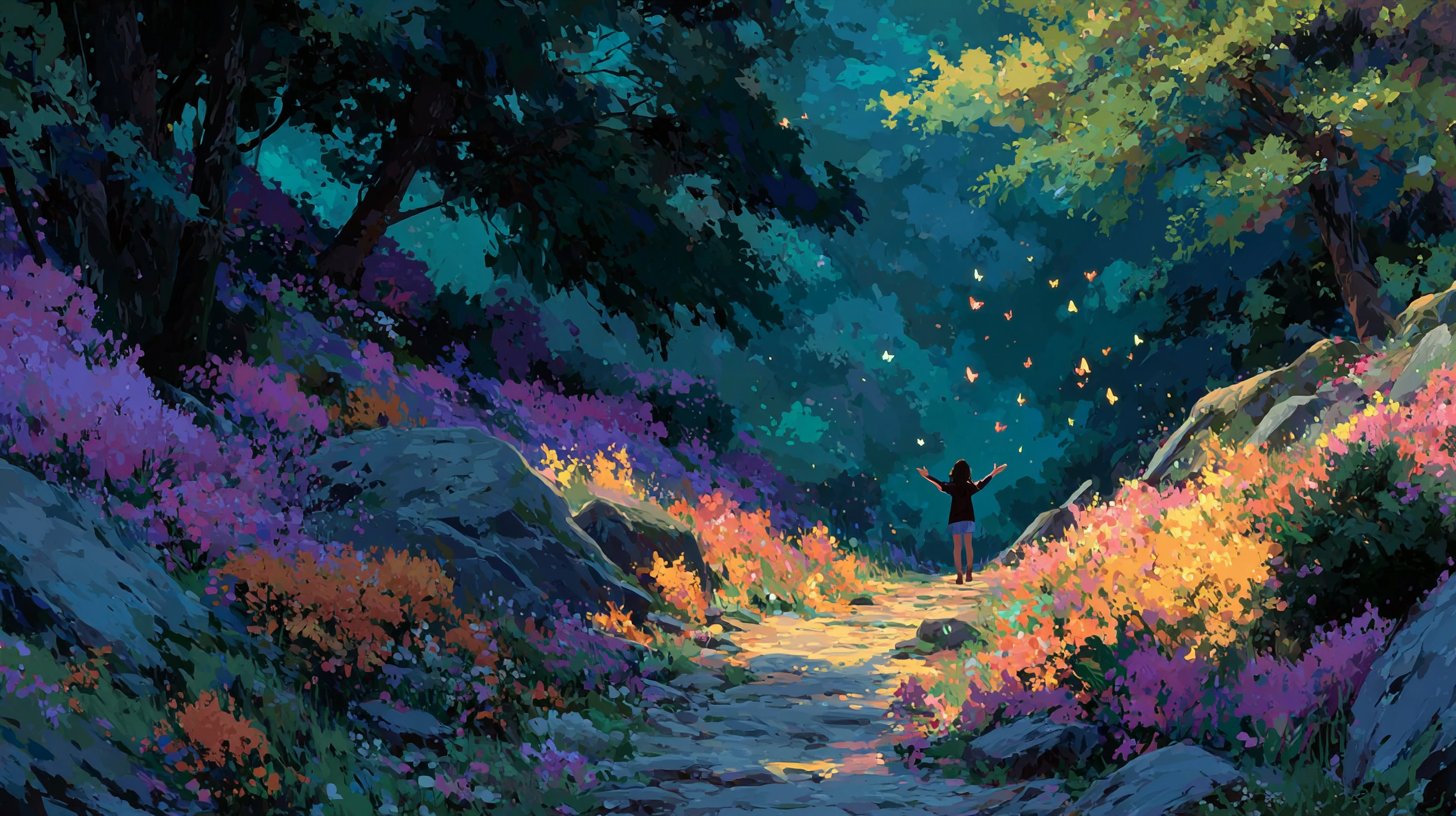 Ein friedlicher Pfad durch einen grünen Wald symbolisiert die Lebensreise.