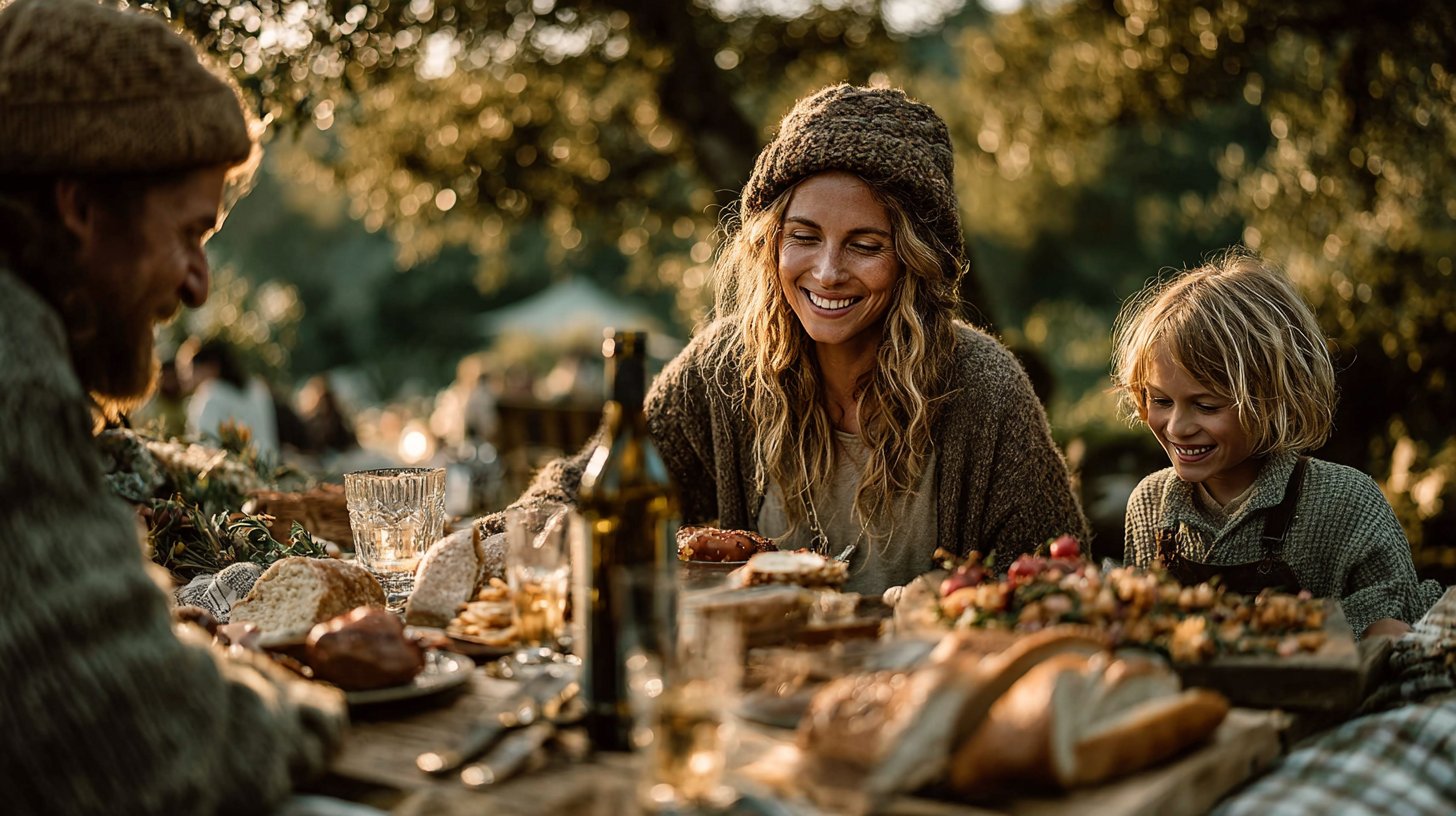 Familienglück beim Picknick im Sonnenlicht.
