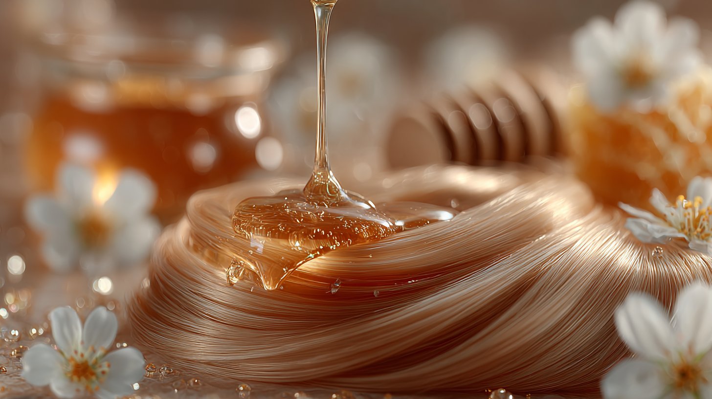 Honig träufelt über glänzendes Haar in einer einladenden Szenerie.