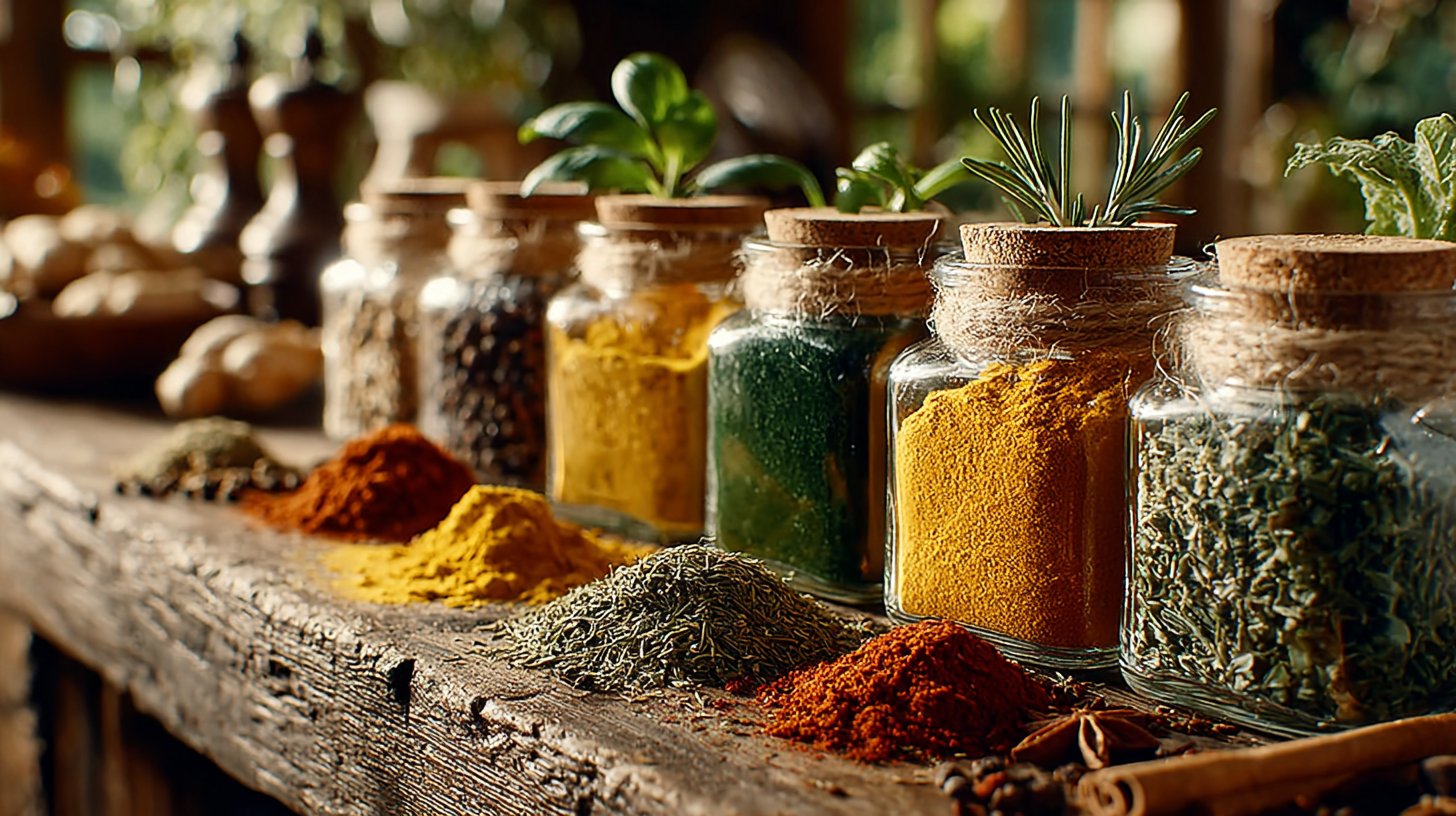 Eine künstlerische Komposition mit gewürzten Kräutern für die Haarpflege.