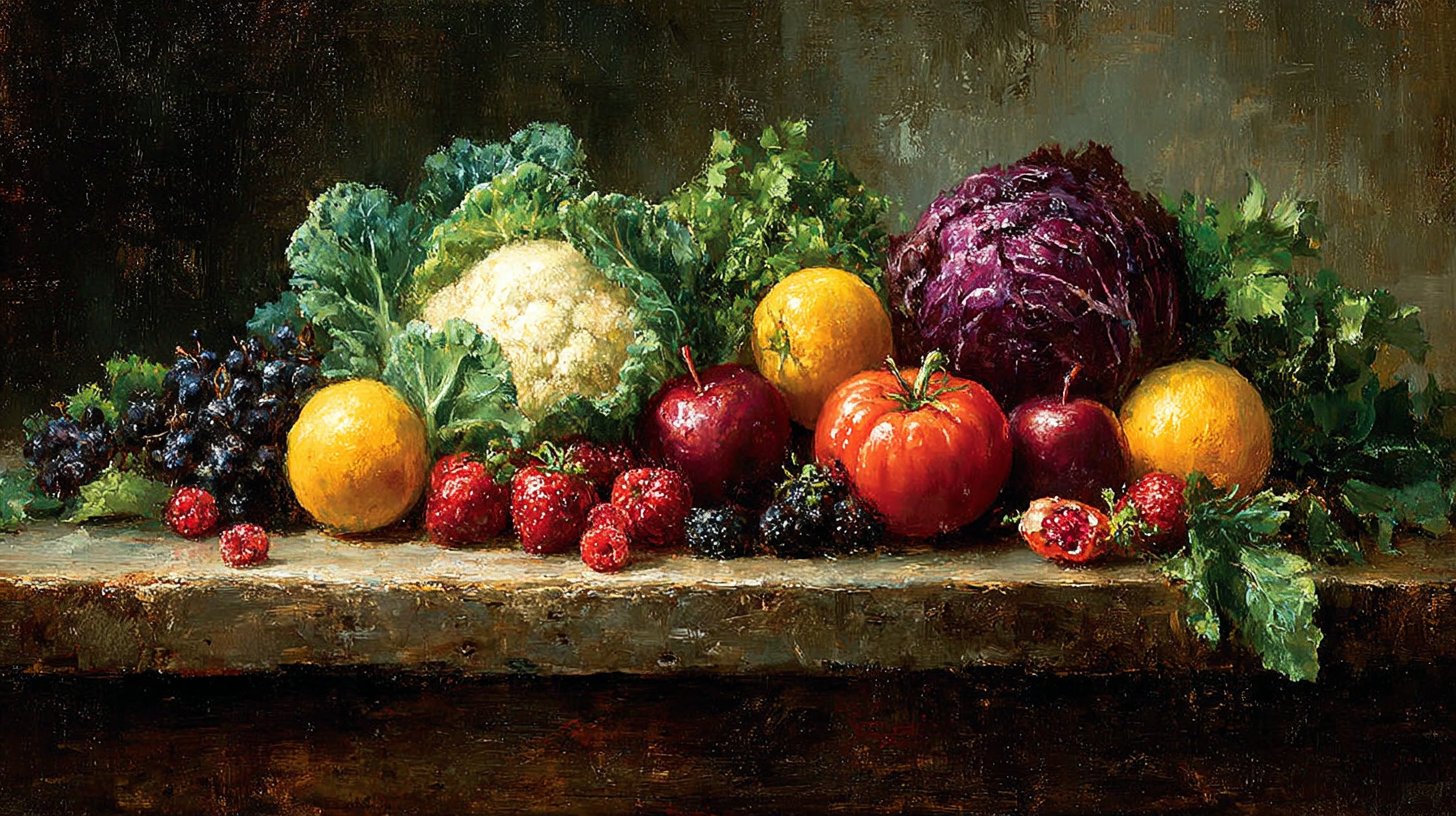 Bunte Früchte und Gemüse im Überfluss.