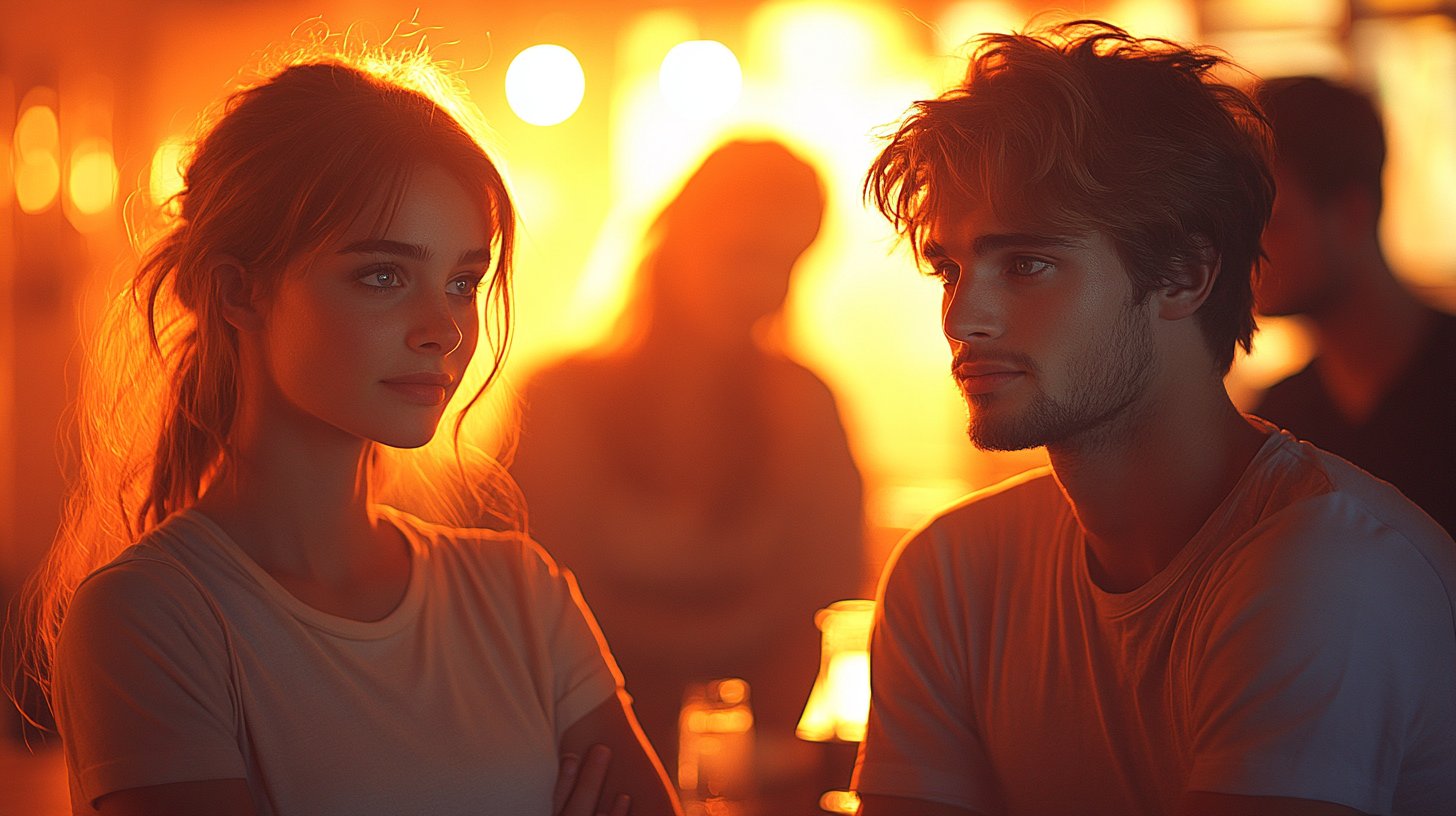 Una scena sottile di una persona che osserva un'altra, mostrando un accenno di gelosia.