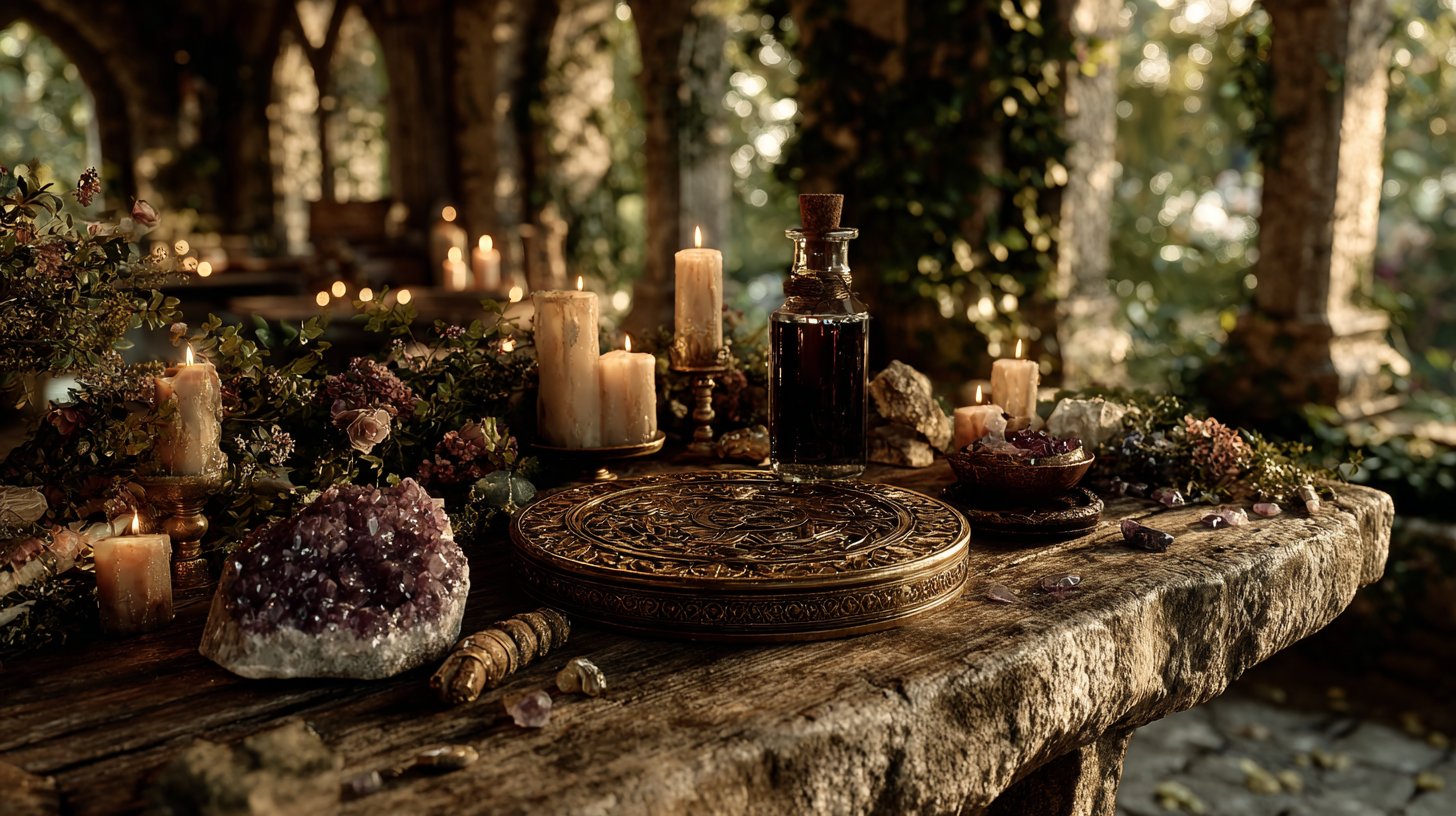 Ein verzauberter Tisch voller magischer Artefakte für Reichtum.