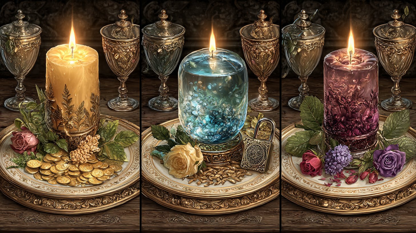 Drei elegante Zauberaufstellungen, jede auf einem eigenen Tisch.