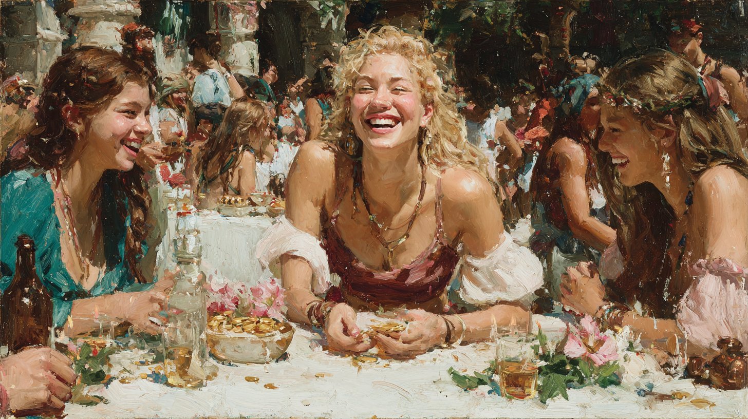 Eine Gruppe feiernder Menschen, umgeben von Symbolen des Überflusses.