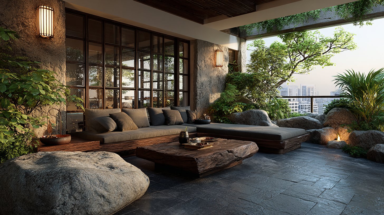 Harmonischer asiatisch inspirierten Wohnraum, der Natur und Ruhe verbindet.