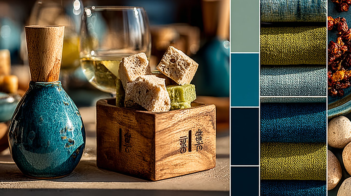 Elegante Ausstellung von Feng Shui-Farben und Materialien für eine beruhigende Atmosphäre.