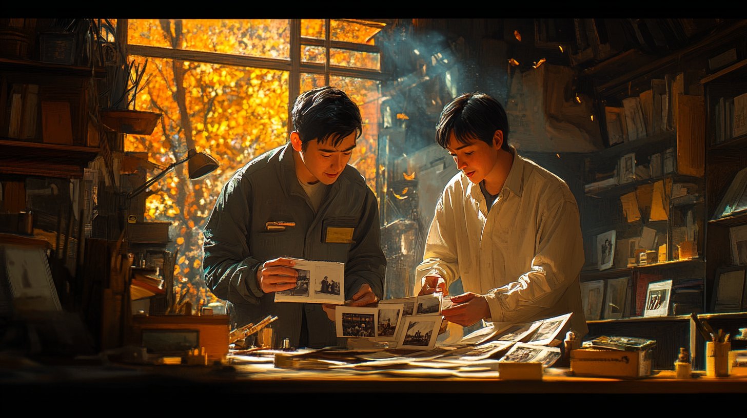 Un'immagine nostalgica di due persone che ricordano insieme vecchie fotografie.