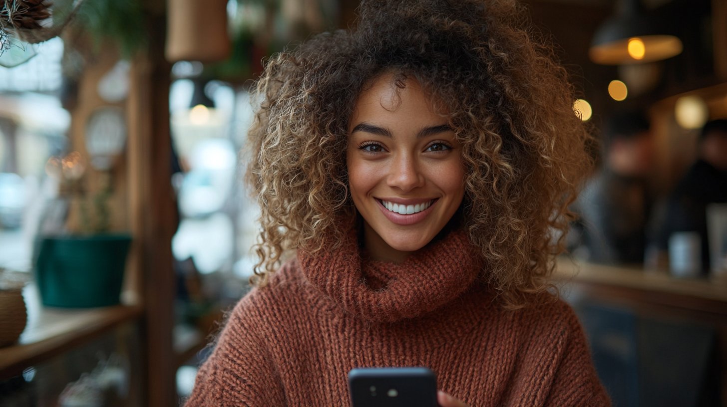 Un ambiente di caffè accogliente con qualcuno che manda messaggi con entusiasmo e un grande sorriso.