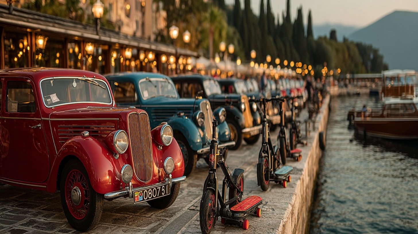 Vielfältige Transportmittel in malerischer Umgebung vereint.