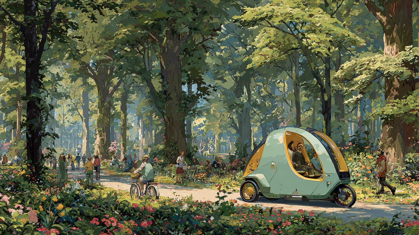 Eine inspirierende Szene mit nachhaltigen Transportlösungen in einer grünen Oase.