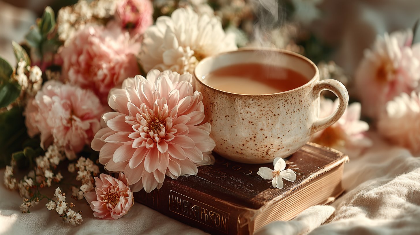 Ein inspirierendes Flatlay mit einem Tagebuch und einer Tasse Tee.