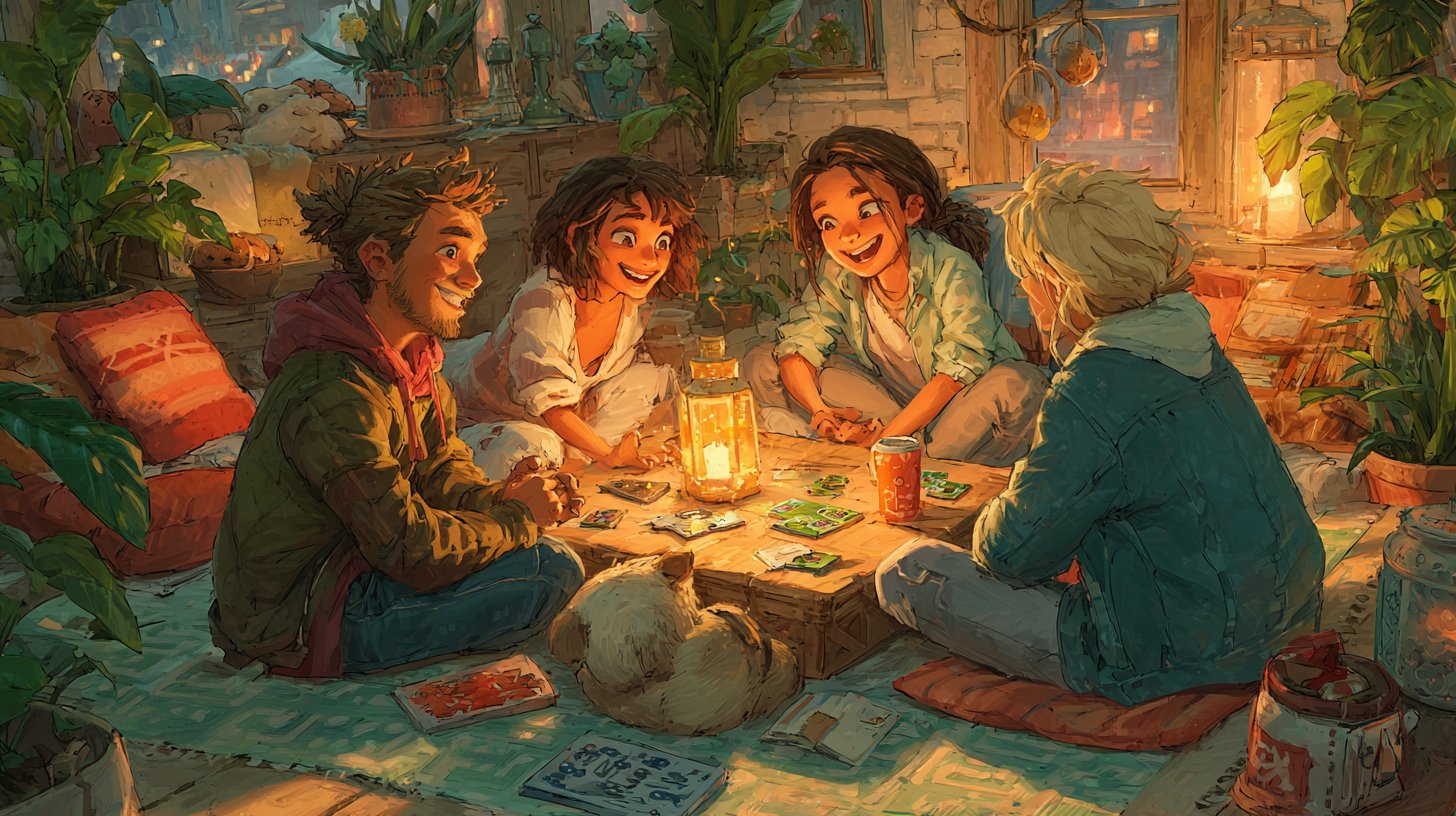 Freunde spielen Spiele in einem gemütlichen Wohnzimmer.