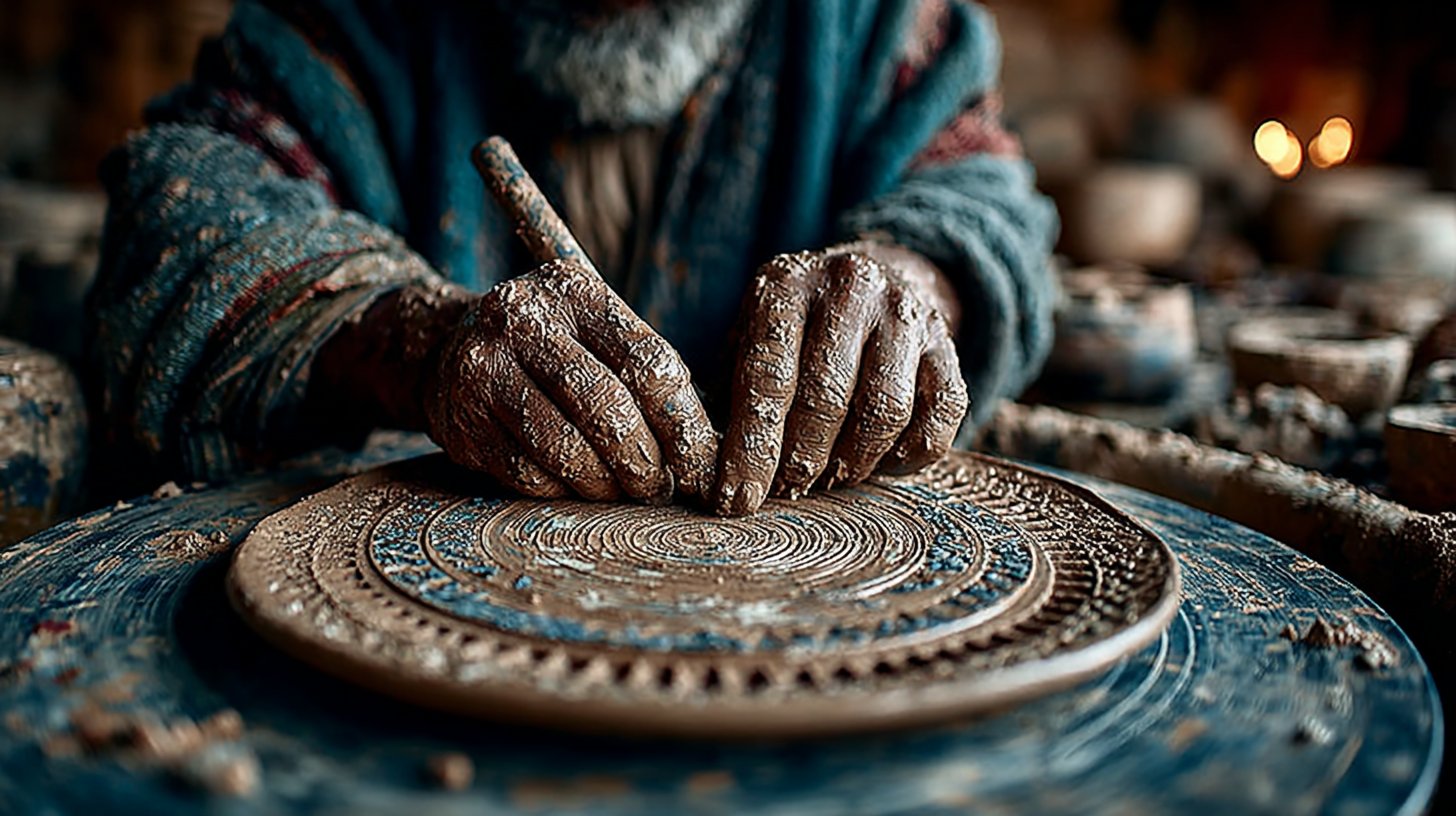 Hände eines Handwerkers formen kunstvolle Töpferware.