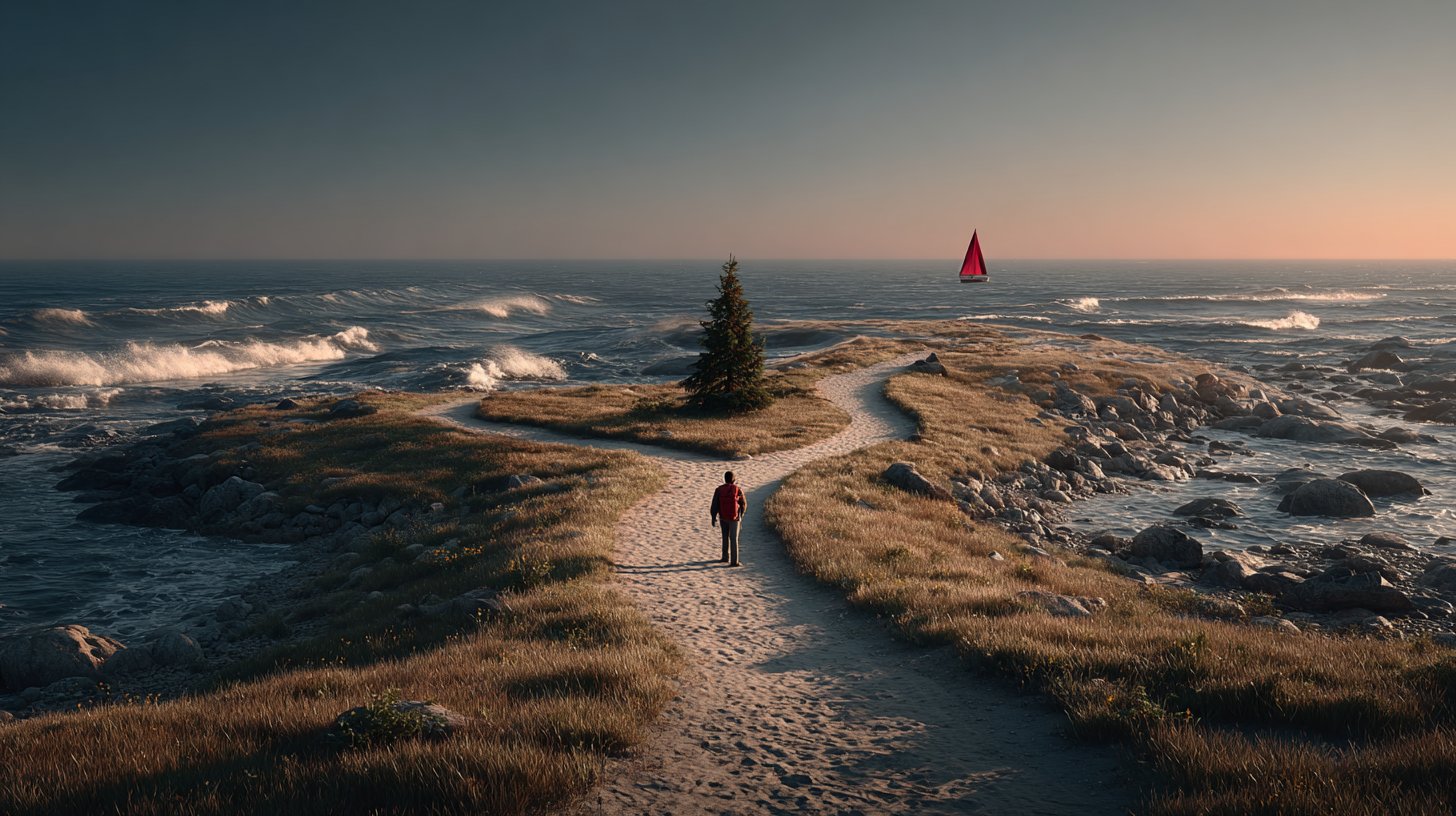 Eine Person steht an einem Scheideweg und denkt über ihre Lebenswahl nach.