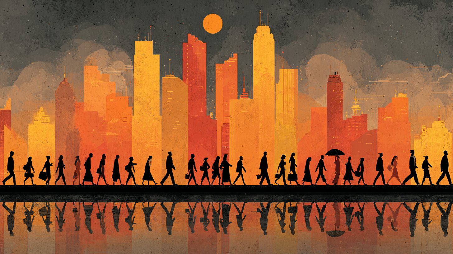 Panorama urbano con persone e tecnologie sostenibili.