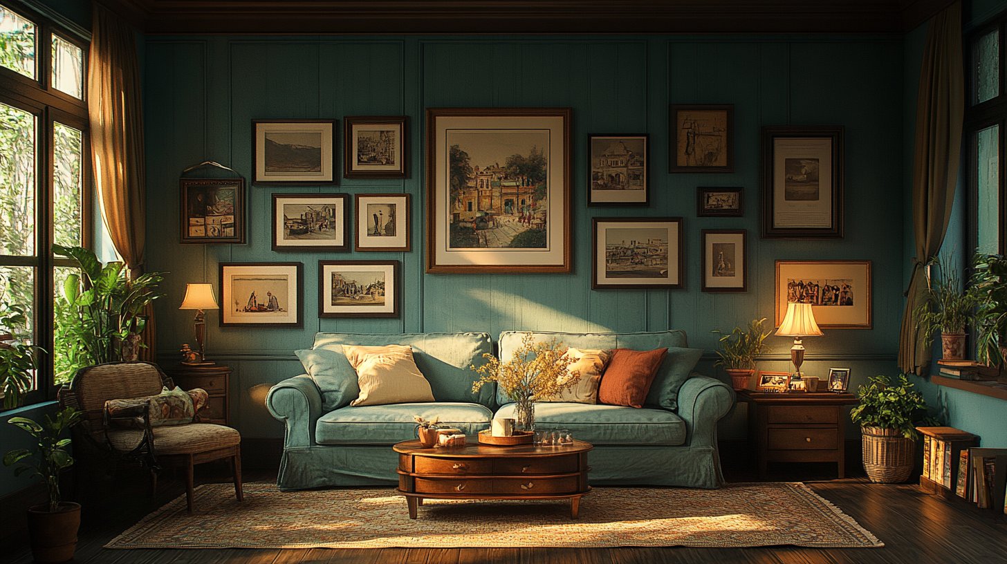 Ein gemütliches Wohnzimmer mit Bilderrahmen voller glücklicher Erinnerungen.