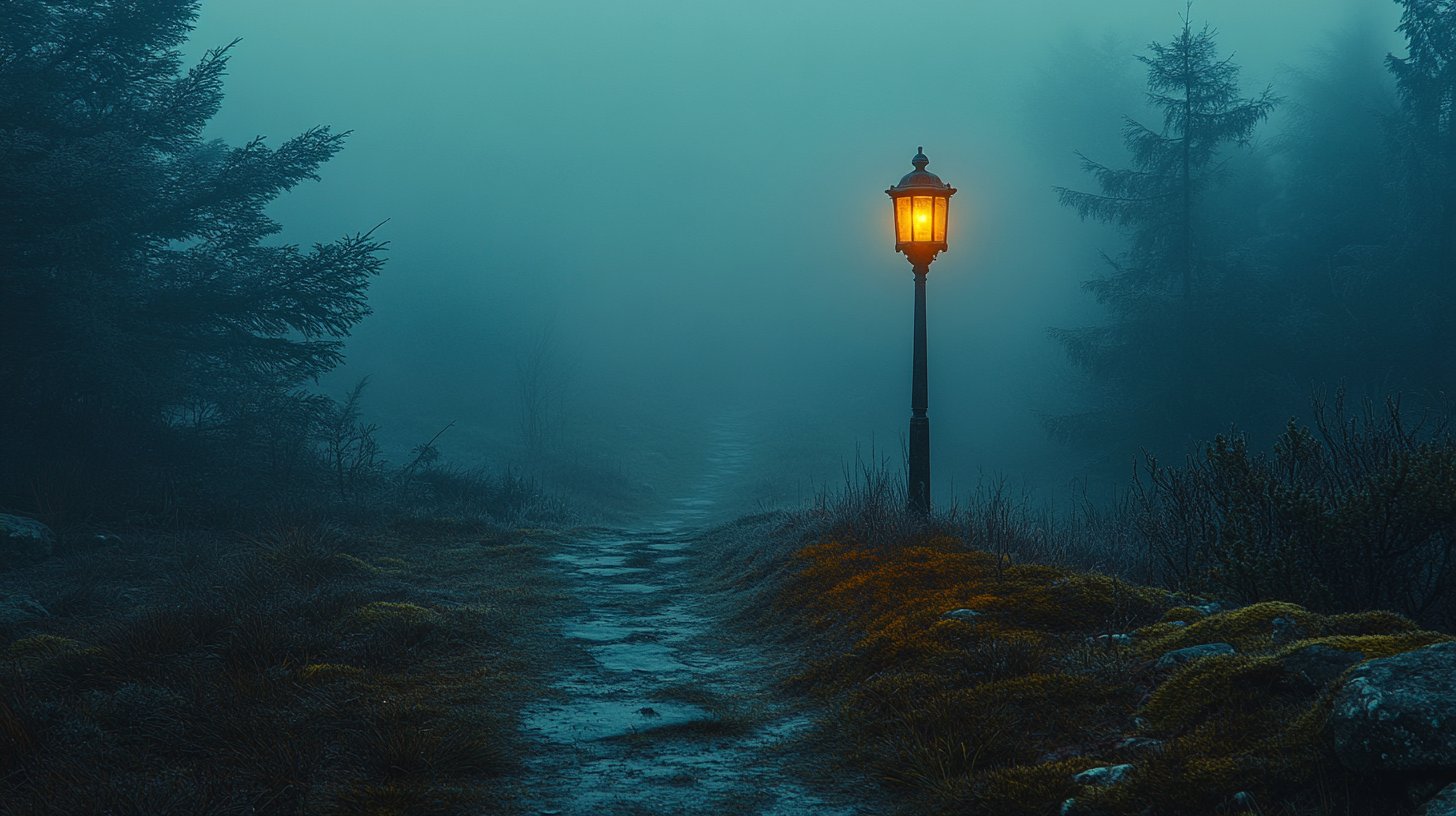 Ein mystischer, nebliger Pfad führt in einen unbekannten Wald.