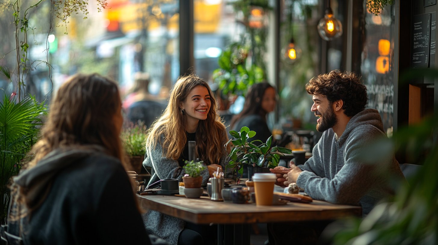 Eine vielfältige Gruppe von Freunden in einem Café, die tiefgründige Gespräche führen.