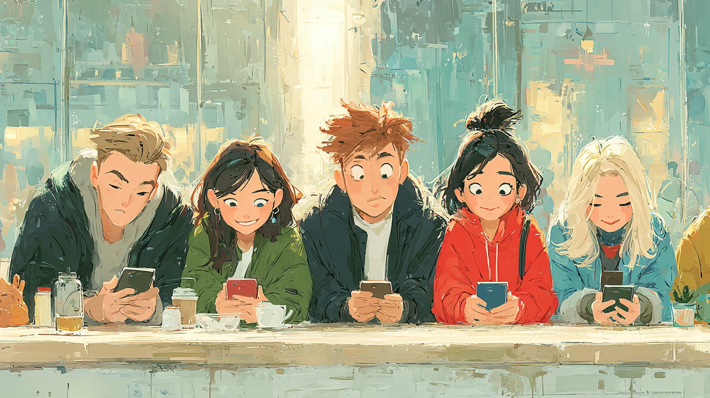 Jugendliche verbinden sich durch soziale Medien im Café.