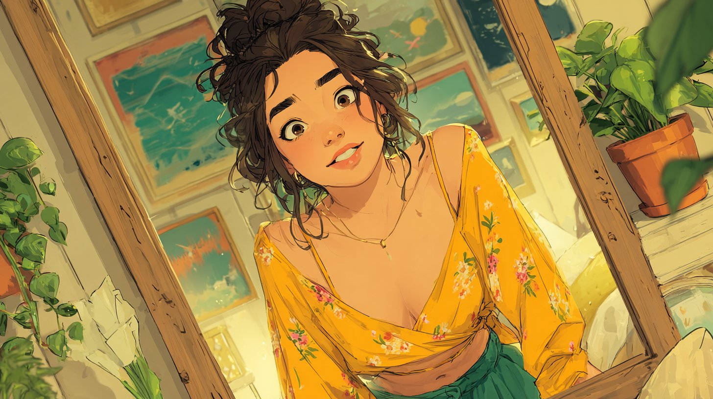 Selbstakzeptanz und Freude im Spiegelbild.