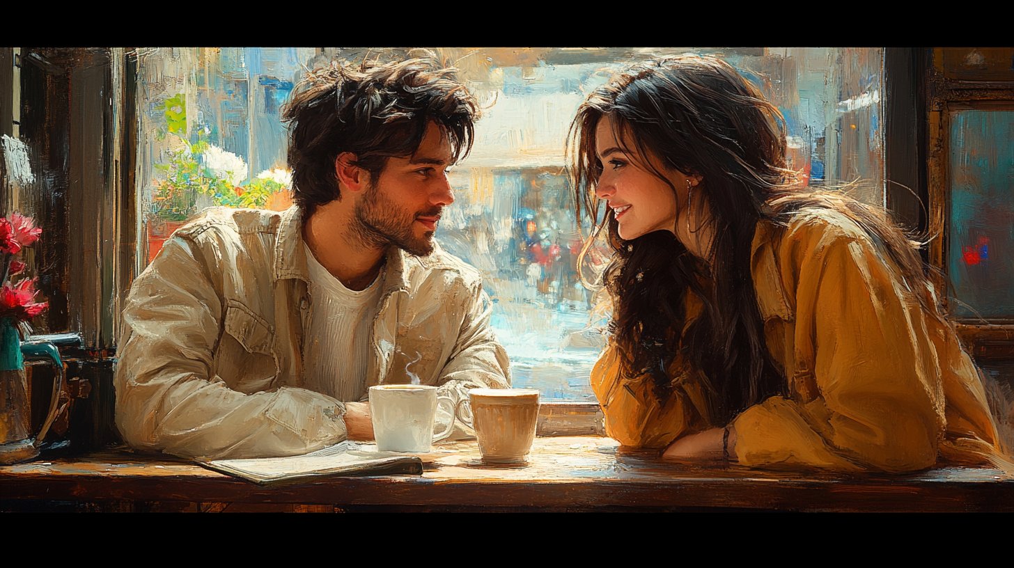 Una pareja hablando profundamente mientras toma café.