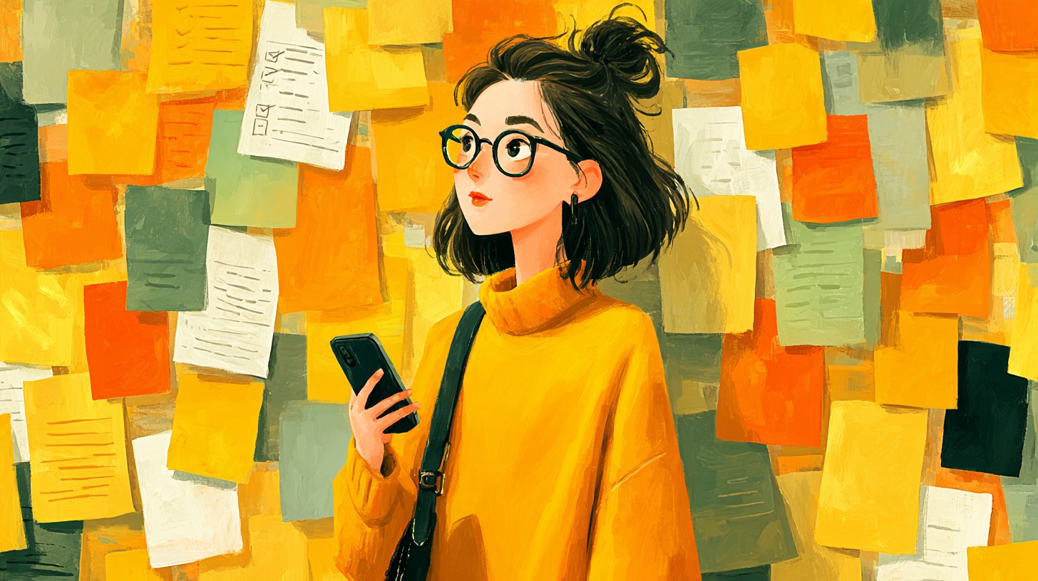 Person perfektioniert ihr Dating-Profil mit Notizen und Checklisten.