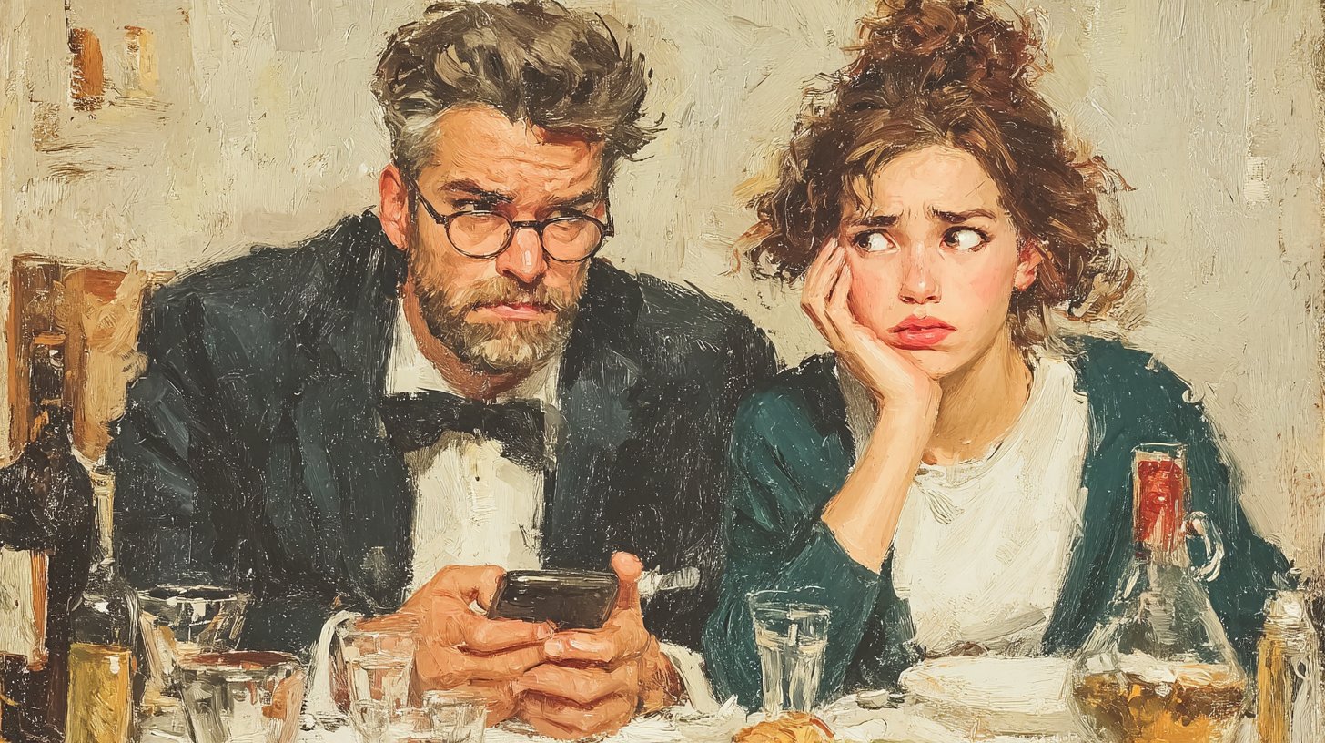 Zwei Personen am Tisch, schauen auf ihre Handys: Kommunikationsschwierigkeiten.