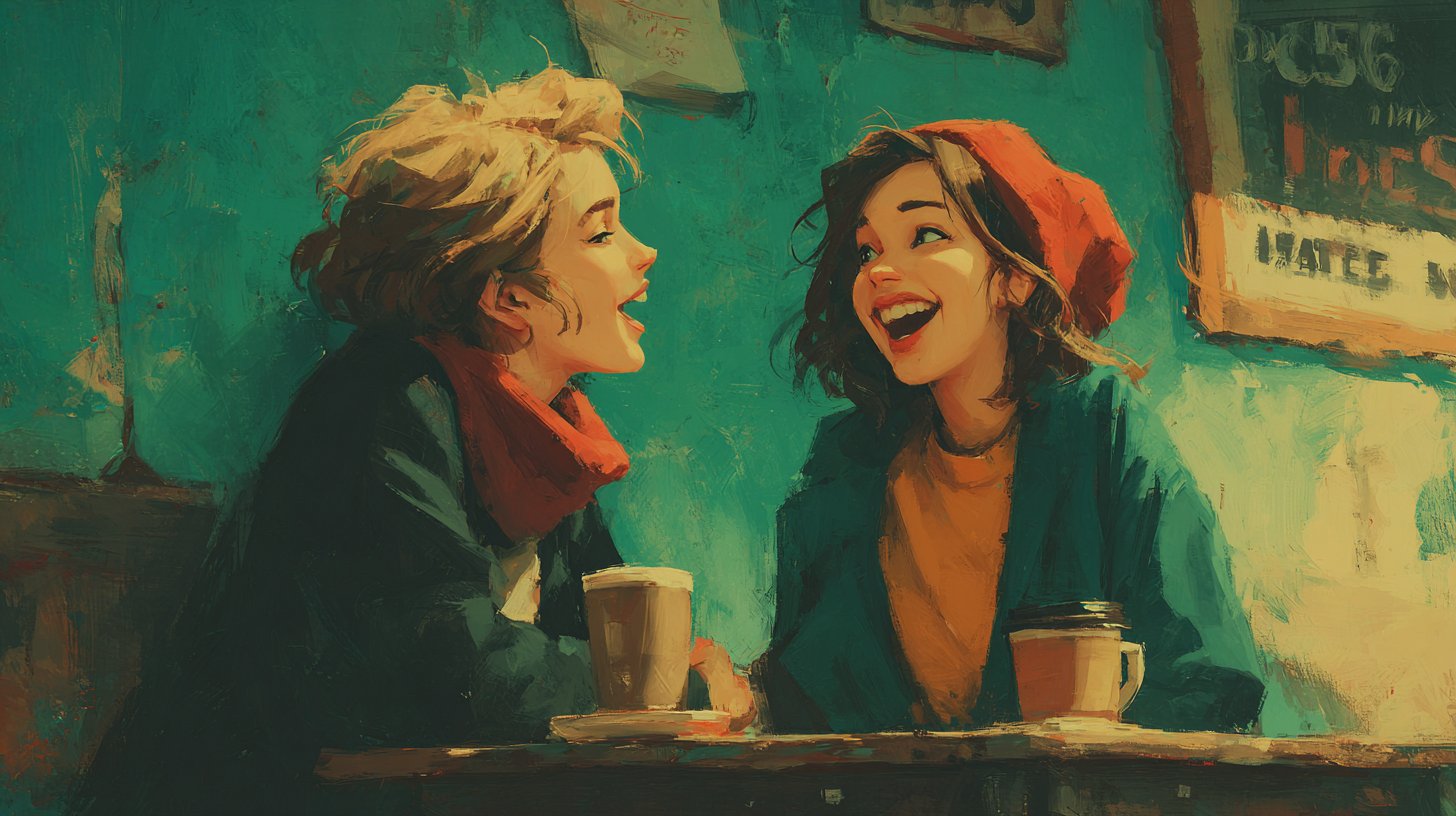 Zwei Freunde lachen beim Kaffee im Café.