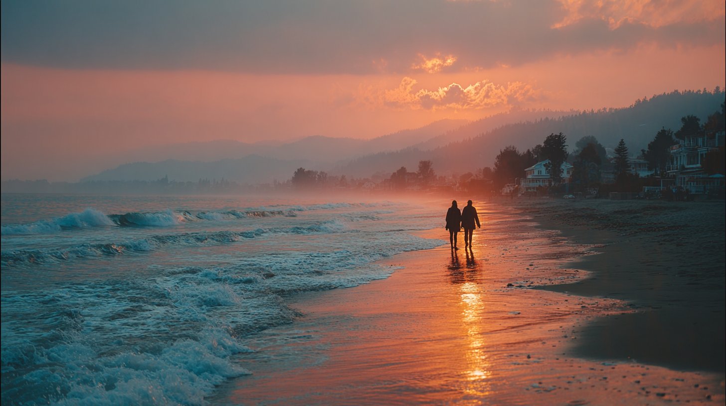 Ein Paar spaziert am Strand bei Sonnenuntergang.