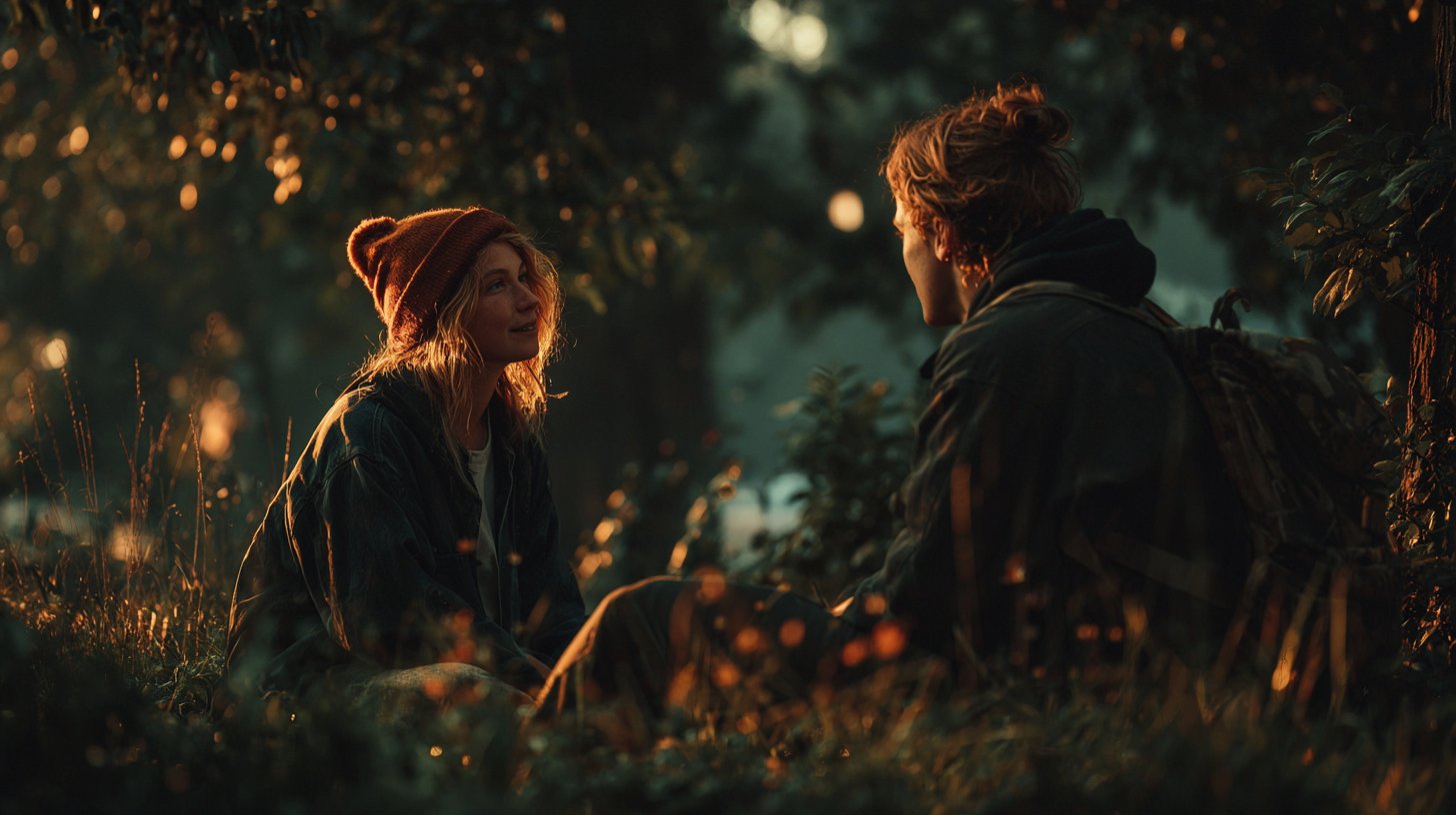 Ein Paar lacht herzlich im Park.