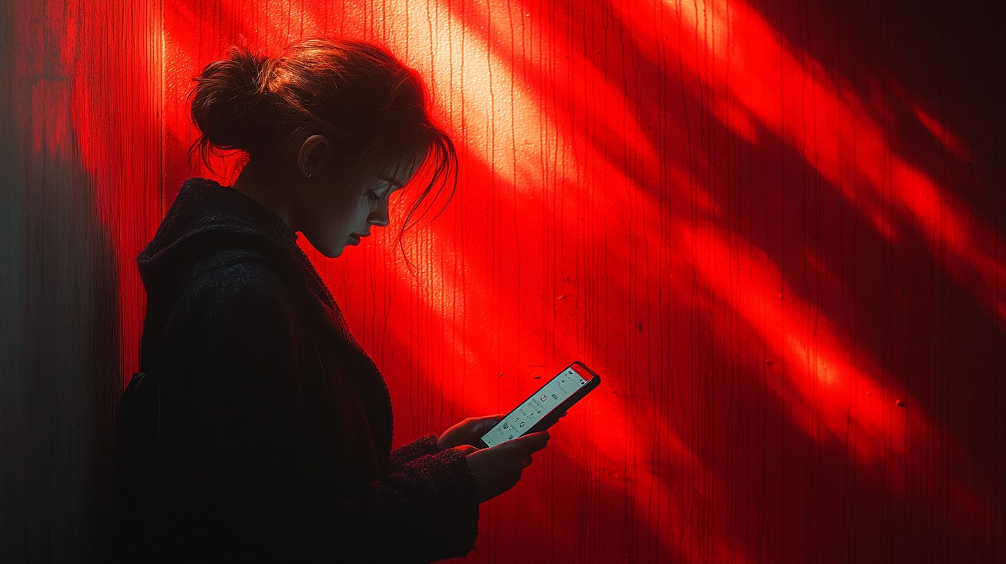 Una persona desplaza por un feed de redes sociales, rodeada de sombras y silencio.
