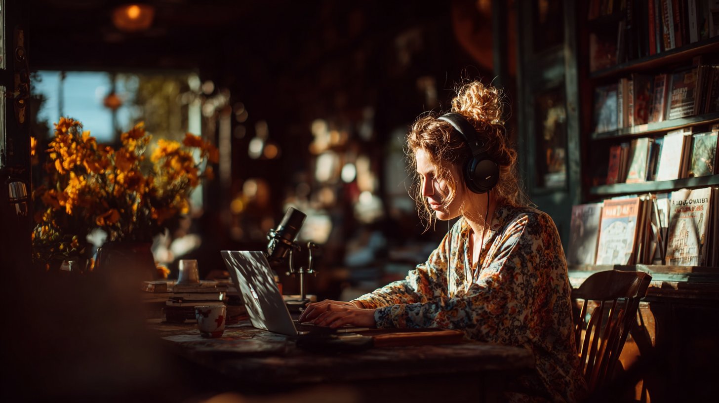 Ein ruhiges Café mit einer Person am Tisch, umgeben von Büchern und Technik.