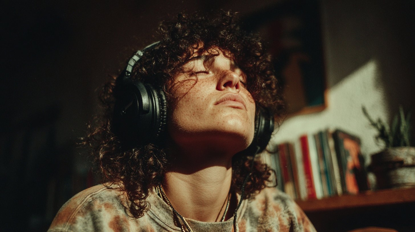 Eine nachdenkliche Person mit Kopfhörern in einem hellen Raum voller Pflanzen.