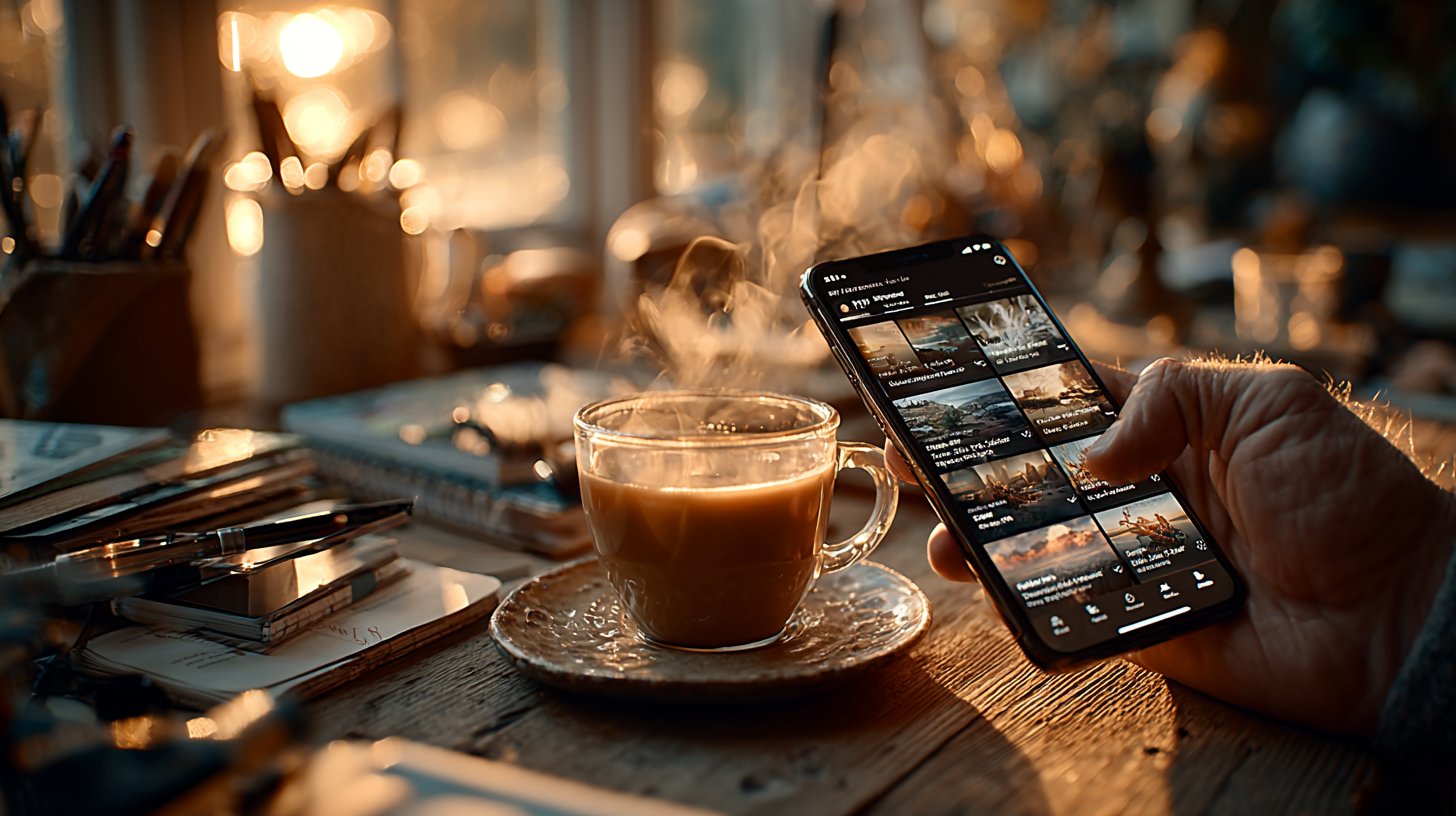 Nahaufnahme einer Hand, die einen Podcast auf einem Smartphone auswählt.