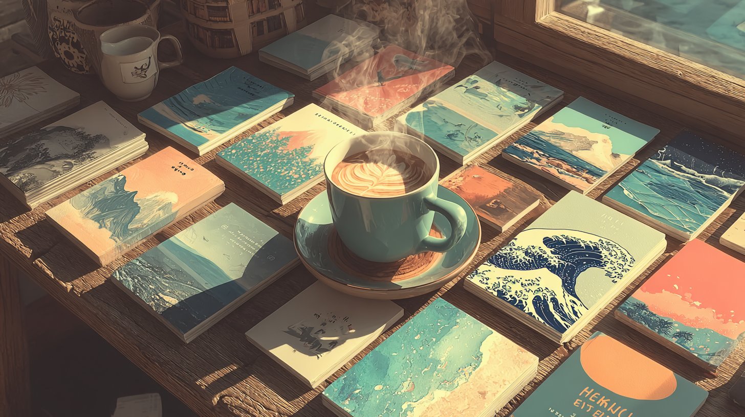 Eine kreative Anzeige verschiedener Podcast-Cover auf einem Holztisch.