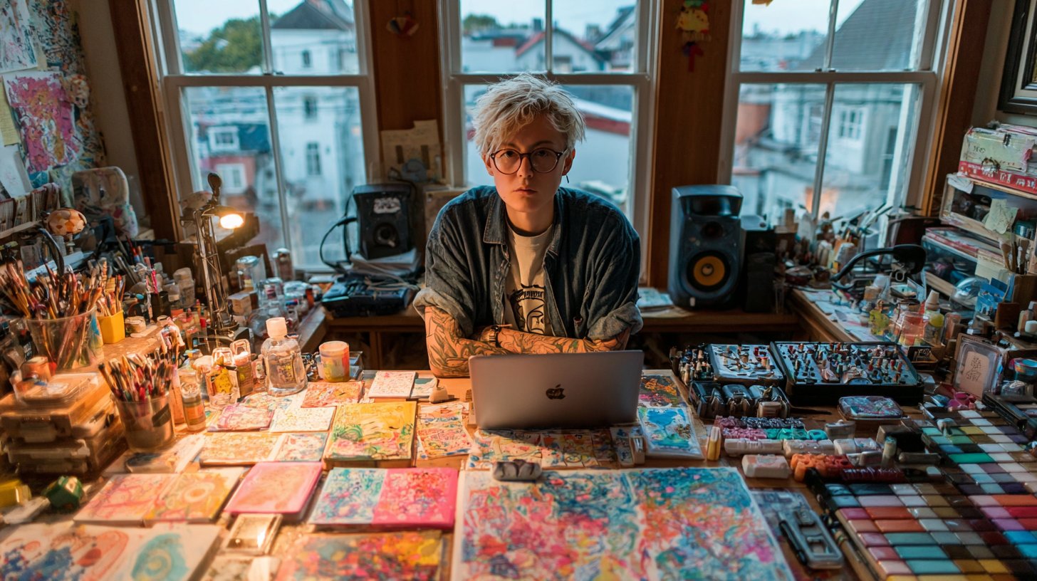 Eine Person, die an einem organisierten Schreibtisch kreativ arbeitet.